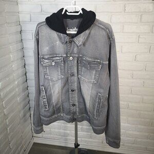 Jeaniologie Men's Size Large Button Front & Cuffs Grey Denim Jacket with Hood
